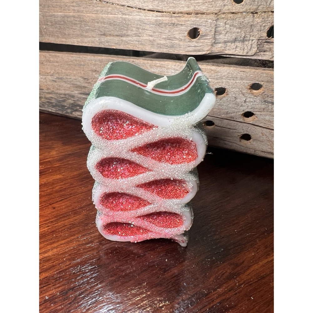 Ribbon Candle Christmas Holiday Red Green White 4.25" Tall Vintage Retro Glitter